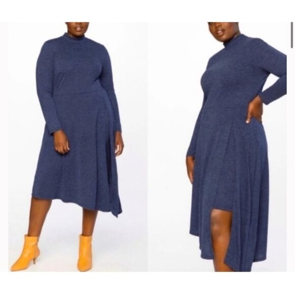 Eloquii Mock-Neck Midi Dress Blue Size 20 Blue Knit Asymmetrical Long Sleeve - Picture 1 of 7